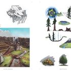 Links oben: "An early post-alpha concept for the village..."  
Illustration mit Wald- und Bergmotiven.
