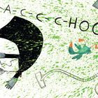 Text: "A-A-C-C-C-Hoooo"; eine Figur niest, grüne Farbspritzer, ein Staubsauger und ein kleiner Vogel in einer farbigen Illustration.