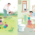 Illustration: Links Kinder im Garten, rechts zwei Kinder im Bad mit Katze; fröhliche Szenen in lebendigen Farben.