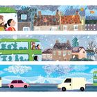 Zwei Textzeilen "12" und "13". Illustration von grünen Bussen im Regen, Schnee und bei Sonnenschein, mit urbanen und ländlichen Szenen.