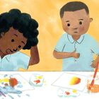 Seite 14, 15. Drei Kinder malen am Tisch. Bunte Farben und Pinsel sind zu sehen.