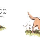 Text: „I have to work in the garden,“ Illustration: Hund gräbt in bunten Blumen.