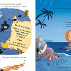 Links: "DEAR NEW NIGEL, PLEASE COME BACK...", daneben eine Flasche Tinte, Feder und gelber Vogel. Rechts: Palmen am Meer, Nigel auf Felsen.