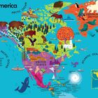 North America, Arctic Ocean, Pacific Ocean, Atlantic Ocean. Bunte Illustration von Tieren und Landschaften Nordamerikas.