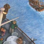 Text: Suzy sieht den Mast, klettert hinauf, sieht ein französisches Fischerboot und erkennt ihre Familie. Illustration: Menschen beobachten eine kletternde Katze auf einem Schiff.