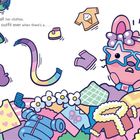 Text: „Betty gets out all her clothes... DING DONG!“ Illustration eines rosa Tieres mit großen Sternbrillen, umgeben von bunter Kleidung.