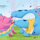 Text: „The Cuddle Monster chuckled too. 'Don’t worry - it’s okay!' He joined in with some spinning and then carried on his way.”

Beschreibung: Zwei fröhliche, bunte Monster tanzen lachend in einer farbenfrohen Waldszene.