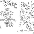 „THE GRINCH GOT A WONDERFUL, AWFUL IDEA!“ zeigt der Grinch in nachdenklicher Pose, Spiegel und Kostümanprobe.