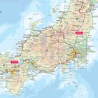Eine geografische Karte Japans zeigt Städte und Shinkansen-Strecken mit Linien und Punkten, sowie Ortsnamen und Meereszonen.
