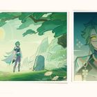 Linke Seite: "Changsheng", "Story Teaser Illustration", "Journey Through the Mortal Realm". 

Kunst zeigt grüne Landschaft und Figur. Rechts: Porträt eines Charakters mit grünem Haar und Brille.