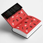 Text: "A letter to our readers". Illustration mit rotem Hintergrund, Schädel, Messer, Hut, Schreibmaschine.