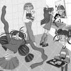 Vier Cartoon-Mädchen in einer Schulszene, zwei am Waschbecken, eins mit Tablett, eins kämpft mit dem Pullover.