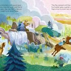 Links oben Text: "Digory went on a quest... winged horse named Fledge." Rechts oben Text: "They flew westward... eat one himself." Illustration: Ein Löwe mit Kindern und ein geflügeltes Pferd in einer bunten Landschaft mit Wasserfall und Bäumen.