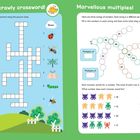 Links: "Creepy crawly crossword!", Insekten-Bilder als Kreuzworträtsel-Hinweise. Rechts: "Marvellous multiples!" mit Zahlenrätseln.