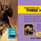 Triceratops mit drei Hörnern. Schilderung der Zähne, Ernährung und Fossilfunde. Aufforderung, die Hörner zu zeigen.