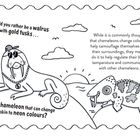 Walroß mit goldenen Stoßzähnen, Chamäleon in Neonfarben. Text über Chamäleons und ihre Farbwechsel. Illustrationen.