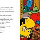 Text: Walter und Mr. Poirot untersuchen einen Diebstahl. Illustration: Bunte Figuren in einem Büro mit Feder und Papier.