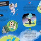 "Flight Training: Choose your spacecraft! You've sent out some robots... What if YOU were there? Mission A: Ride in a Vostok. Mission B: Practise re-entry. Mission C: Craft-to-craft docking. Mission D: A reusable spacecraft."  
Illustration eines Weltraumabenteuers mit Astronauten und Raumschiffen.