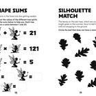 Links: "SHAPE SUMS", Aufgabe mit Feen und Zahlen. Rechts: "SILHOUETTE MATCH", Eichelblätter, eines hat kein Paar.