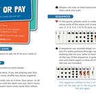 "PLAY OR PAY", 3+ Spieler, 1-2 Decks, Ziel: Karten loswerden, 20 Counter, leicht. Sequenzen bilden, Kartenreihen erklärt.