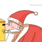 "What's done is done," steht oben. Weihnachtsmann in rotem Mantel guckt besorgt auf gelben Briefkasten. Illustration.