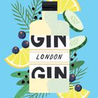 „GIN LONDON GIN“ steht auf einer Flasche, umgeben von Wacholder, Zitronenscheiben und Gurken auf blauem Hintergrund.