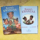 "Kanoni's KWANZAA" steht auf zwei Buchcovern. Drei Kinder betrachten leuchtende Kerzen. Logo und Autorennamen sind ebenfalls sichtbar.