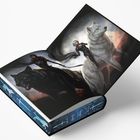 Eine Illustration zeigt zwei Figuren auf großen Wölfen. Der Buchrücken hat blaue und weiße Muster.