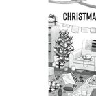 Text "CHRISTMAS". Illustration eines gemütlichen Wohnzimmers mit Weihnachtsbaum, Geschenken und Kekstellern. Ein schlafender Hund.