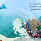 Text oben rechts: "One day, just as Pip is coming to visit, Mr. Fish’s creaky old houseboat breaks apart and crashes right onto Pip’s empty new home. 'My wreck is ruined!' says the Pout-Pout Fish. 'Where will my family live?' asks Pip."

Illustration einer Unterwasserszene mit einem blauen Fisch und einem krachen Boot.
