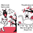 „Max is a cat. Sam is a bat. The pals saw a cap.“ Illustration: Katze, Fledermaus, Baum, Mütze, Blätter.
