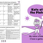 „Kate at the Plate“, „My name is Kate. I have a game.“ Links: Tabelle mit langen Vokalen. Rechts: Illustration eines Mädchens mit Baseballschläger.