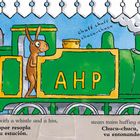 Text: "AHP, chuff chuff, chucu-chucu". Eine bunte Illustration eines Zuges mit einem Hasen und einer winkenden Maus.