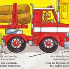 Texte: "Trucks are tough and sturdy. They take on heavy loads," und "then thunder on their giant tires down long and busy roads." Illustration von drei bunten Lastwagen mit Tieren am Steuer.