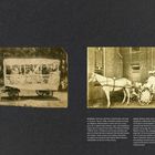 Links: "Spirit of Charity 1906 Art Club" auf einem festlich geschmückten Wagen. Rechts: Zwei Frauen mit Kutsche vor Backsteinmauer.