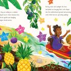 Zwei Textpassagen beschreiben eine tropische Szene. Bunte Früchte, Blüten und zwei fröhliche Personen auf einem Boot.