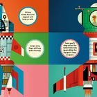 Links oben: "Sitting inside the crew capsule will keep us safe."  
Rechts oben: Illustration eines Raumschiffs.