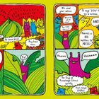 "Wir brauchen deinen Rat." Bunte Cartoon-Schnecken unterhalten sich im Dschungel über einen seltsamen Ball.