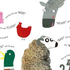 „MOO!“ sagt die Kuh. „CLUCK!“ sagt die Henne. Tiere in verspielten Illustrationen mit Sprechblasen.