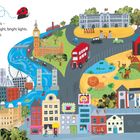 Text: "One fine day, in the middle of May, The ladybird went on holiday." Bunte Stadt mit bekannten Wahrzeichen, Zoo, Doppeldeckerbus.