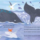 Texte über Meeresklänge: Brüllende Seelöwen, schreiende Möwen, die Nixe singt, große Walschwanz-Plätscher. Illustration mit Meerestieren.