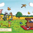 "Pig and her friends find Hen at the picnic. How many plates can you find?" Tiere picknicken auf einer Wiese.