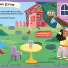 Text oben: "Garden games".  
Szenenbeschreibung: Zwei Kinder spielen im Garten mit einem Hund und einem Hasen.