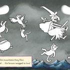 „Over the moors...“, Hexe auf Besen, Tiere fallen, Text: „Who chased the witch?“; Pinsel an lila Rand.