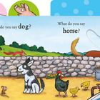 „What do you say dog?“ und „What do you say horse?“ Tiere auf einem Bauernhof mit Hund, Pferd, Kuh und Huhn.