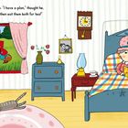 Text: "Wolf followed Red to Grandma’s house..." Eine Illustration: Eine Großmutter im Bett, ein Zimmer mit Katze und Vase.