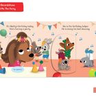 Text: „It's Matty's birthday today. She's having a party. Mo is the birthday helper. He is doing his best dancing.“  
Illustration: Tiere feiern mit Partyhüten und Musiksymbolen.