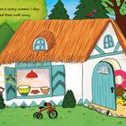 Text: "The brown bears left their cottage on a sunny summer’s day. Goldilocks hid by a tree and watched them walk away." Illustration: Ein Haus mit Strohdach, Bär, Mädchen, Bäume, Fahrrad, Wäscheleine, Blumen.