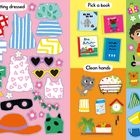 „Getting dressed“ mit bunten Kleidungsstücken, „Pick a book“ mit Buchcovers, „Clean hands“ mit Katze und Utensilien.