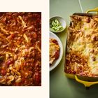 Links: Eintopf mit Bohnen, Tomaten, Hühnchen. Rechts: Überbackene Auflaufform mit Käse, Tortillastücken, daneben Frühlingszwiebel.